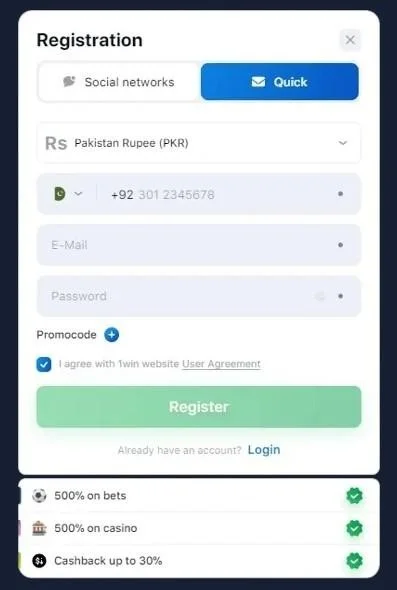1win آن لائن رجسٹریشن